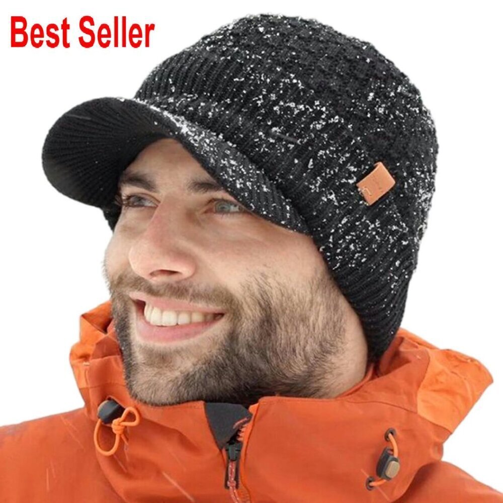 Waterproof Merino Wool Beanie Fleece Lined Ski Cap Brim Cold Weather